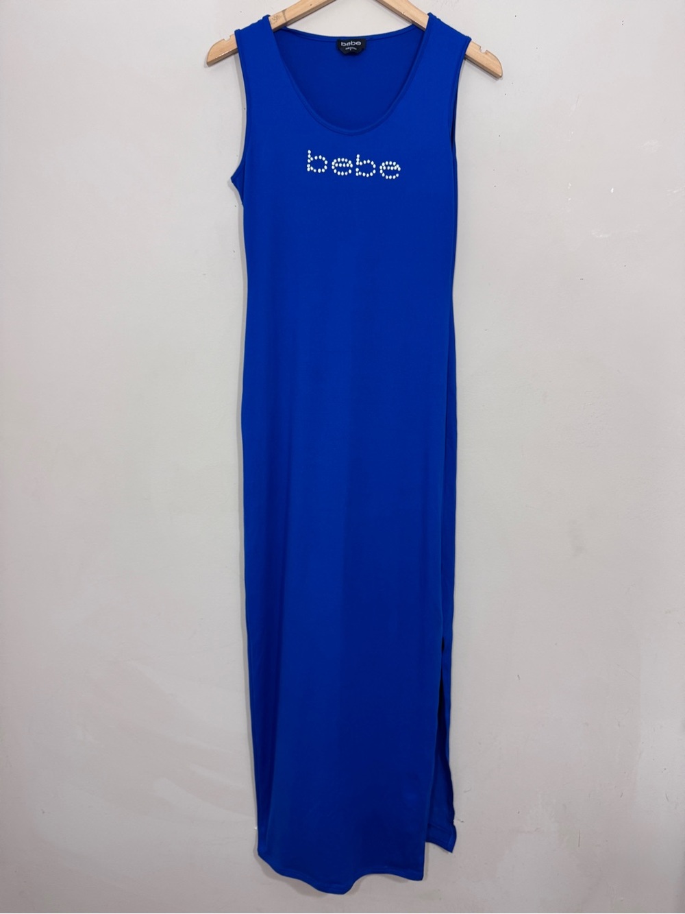 Bebe Women Cobalt Blue Rhinestone Logo Tank Maxi Dress size S Y2K Party Retro